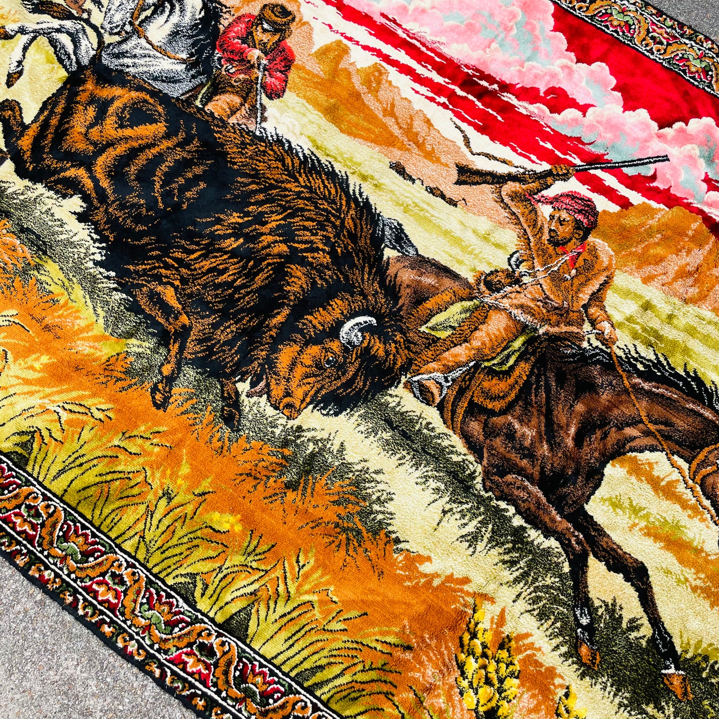 Chenille Bison Hunters Wall Tapestry- Vintage