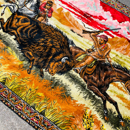 Chenille Bison Hunters Wall Tapestry- Vintage