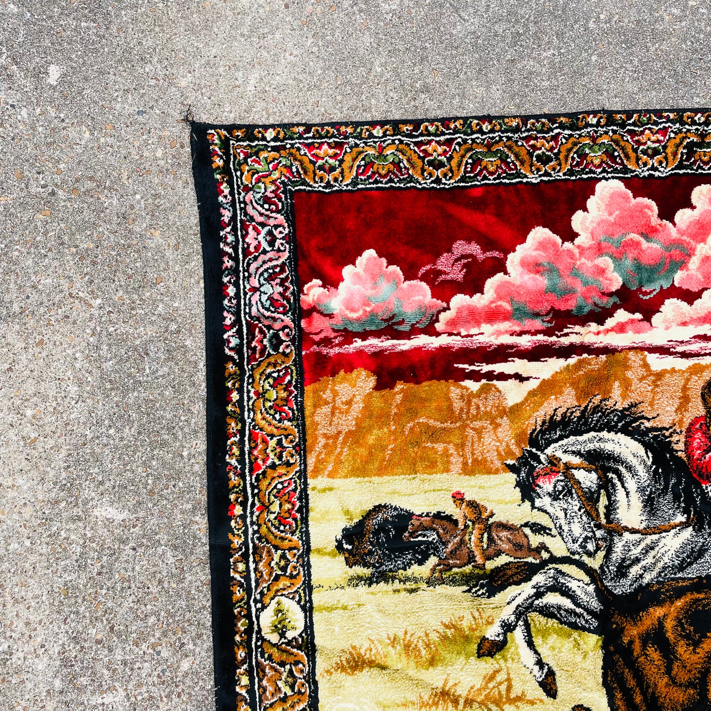 Chenille Bison Hunters Wall Tapestry- Vintage