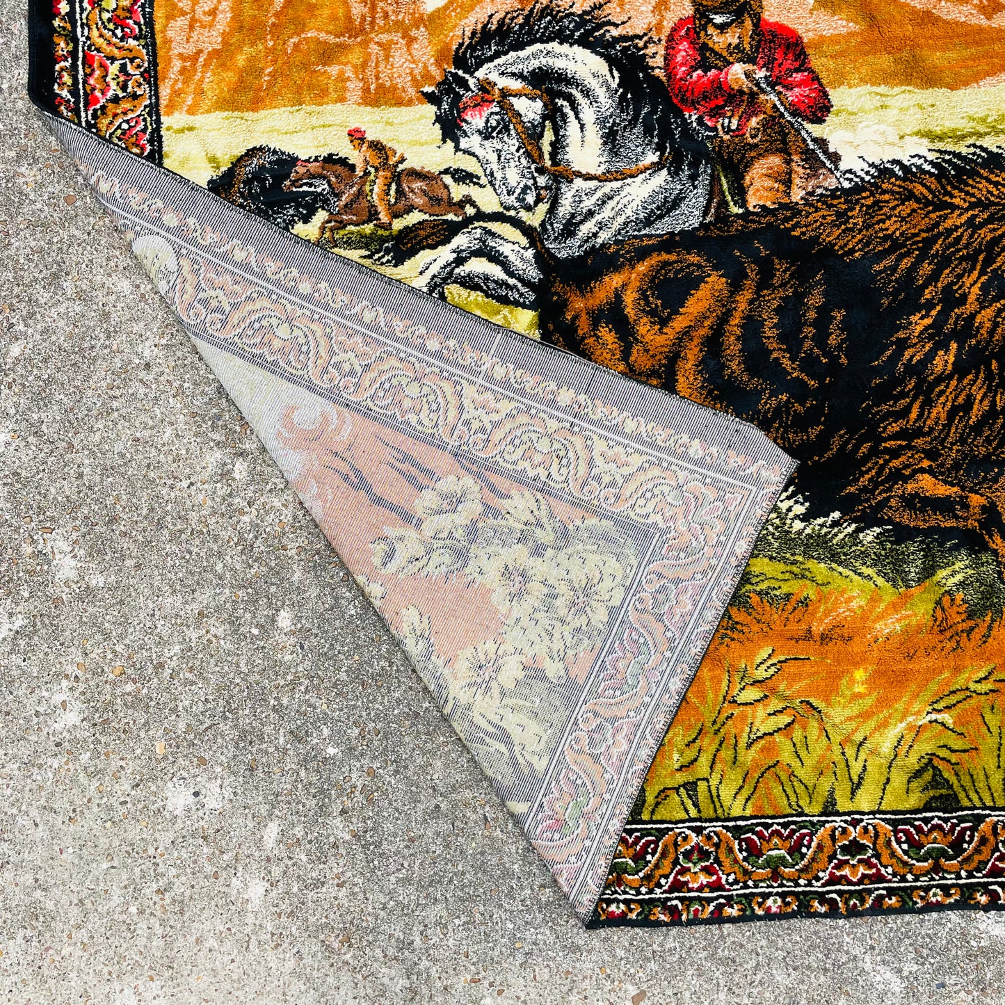 Chenille Bison Hunters Wall Tapestry- Vintage