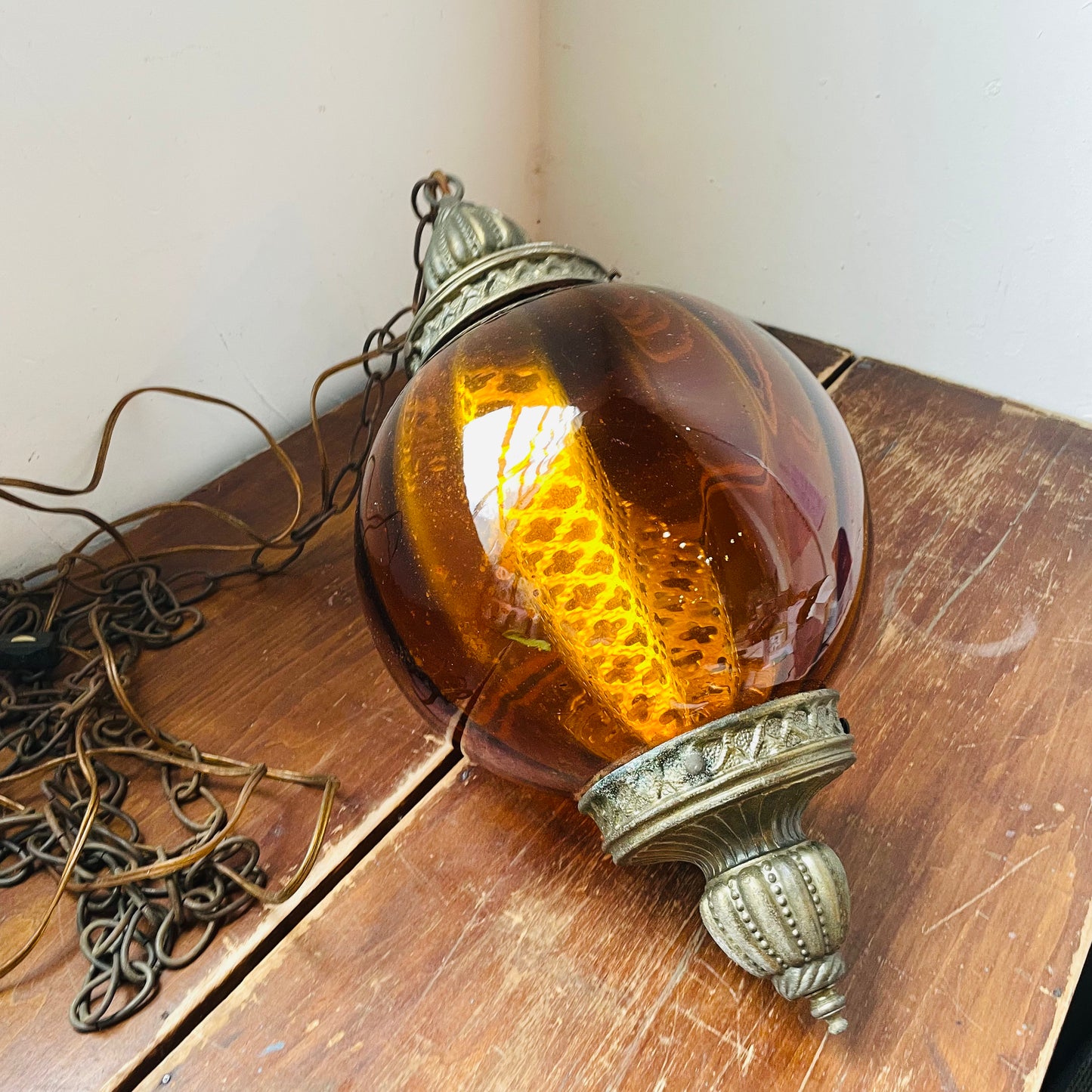 Amber Glass Globe Pendant Swag Lamp- Vintage