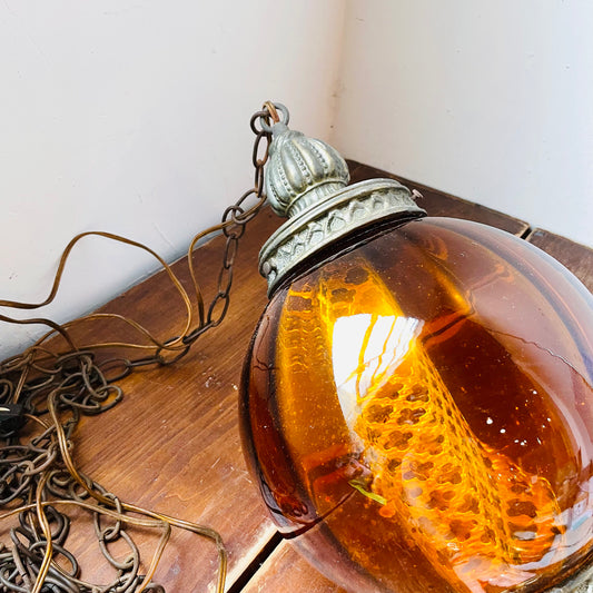 Amber Glass Globe Pendant Swag Lamp- Vintage