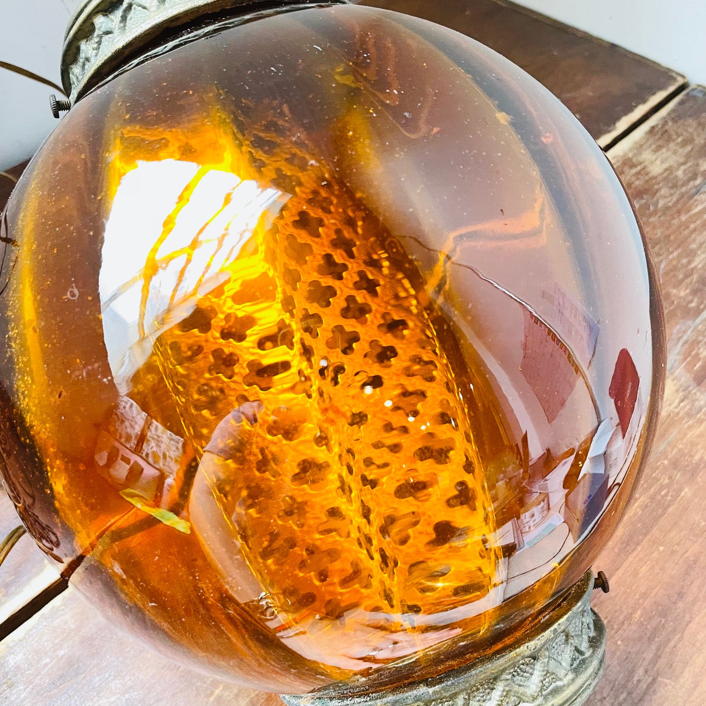 Amber Glass Globe Pendant Swag Lamp- Vintage