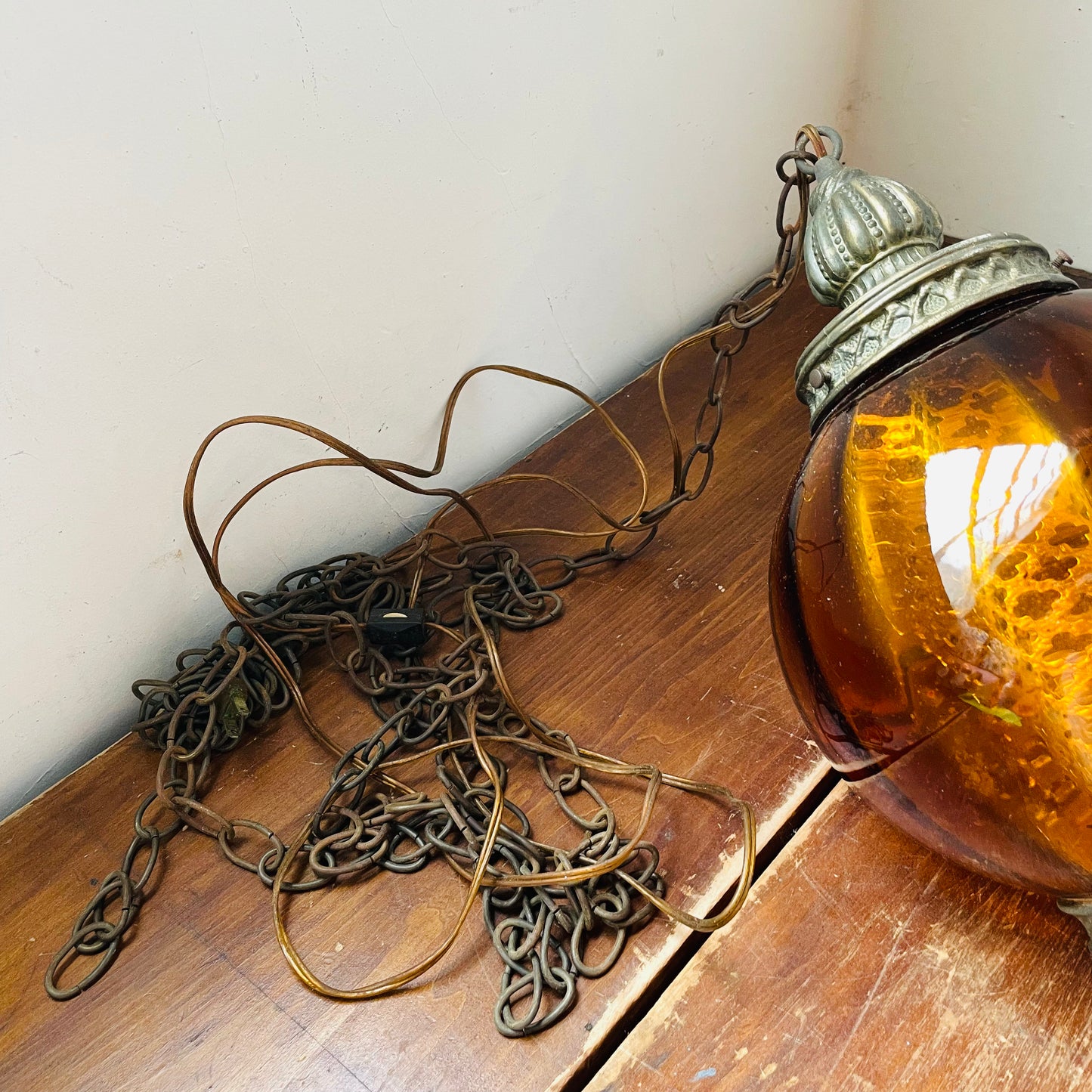 Amber Glass Globe Pendant Swag Lamp- Vintage