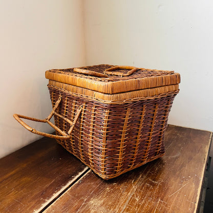 Two Tone Woven Wicker Picnic Basket- Vintage