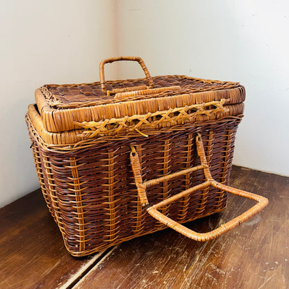 Two Tone Woven Wicker Picnic Basket- Vintage