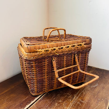 Two Tone Woven Wicker Picnic Basket- Vintage