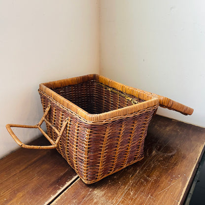 Two Tone Woven Wicker Picnic Basket- Vintage