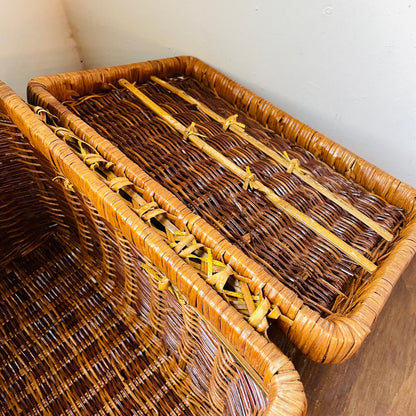 Two Tone Woven Wicker Picnic Basket- Vintage