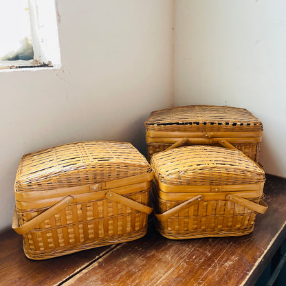 Woven Bamboo Nesting Picnic Baskets- Vintage