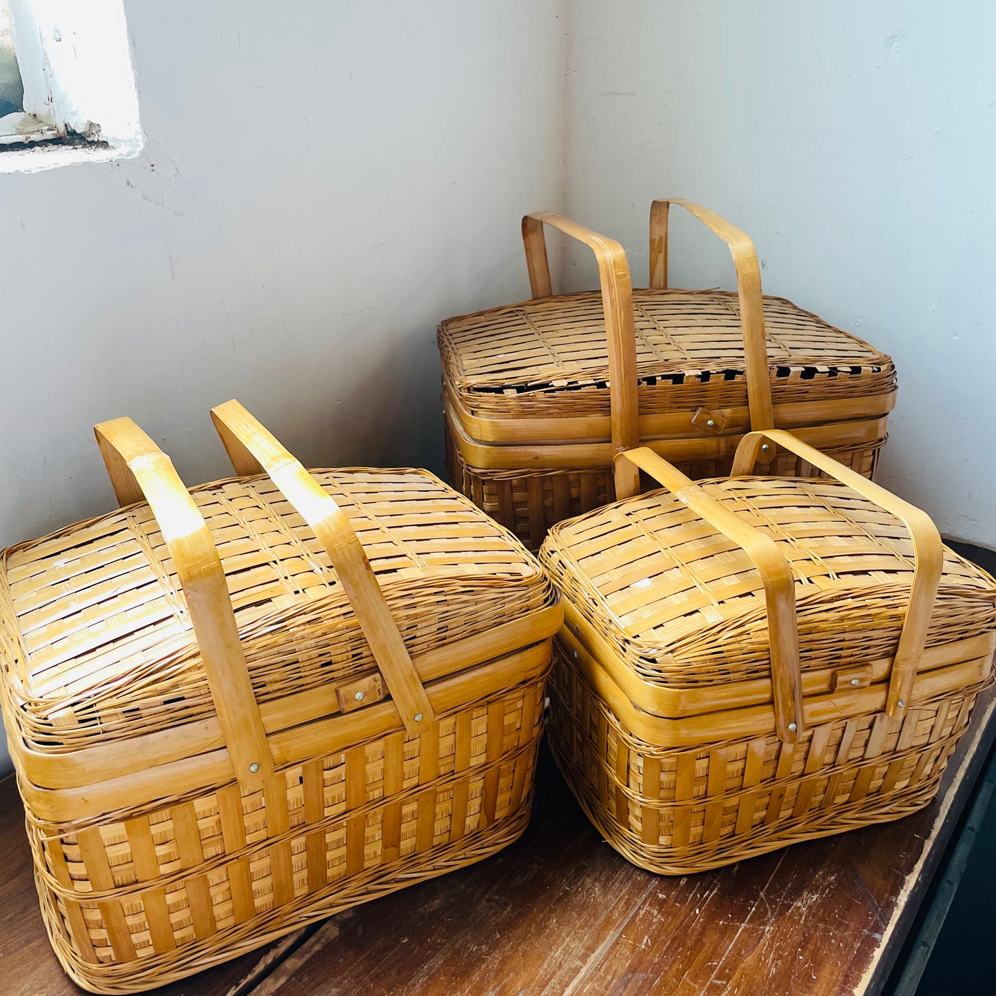 Woven Bamboo Nesting Picnic Baskets- Vintage