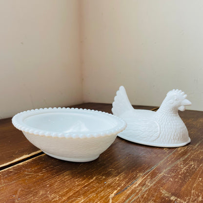 Hen on Nest Milk Glass Candy Dish- Vintage