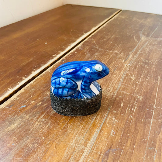 Blue & White Ceramic Frog on a Silver Base Box- Vintage