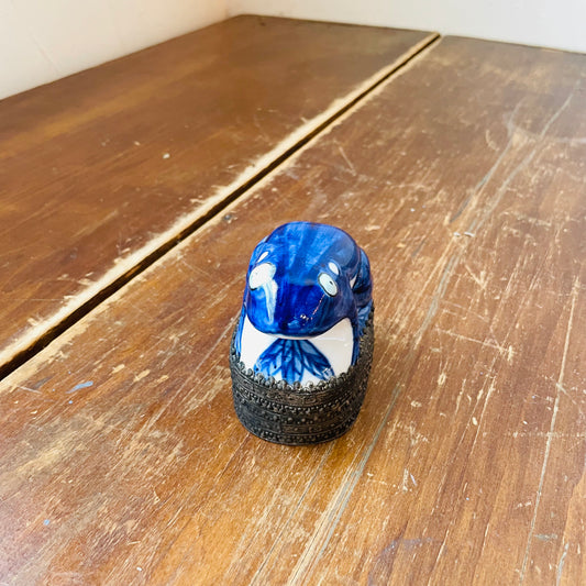 Blue & White Ceramic Frog on a Silver Base Box- Vintage