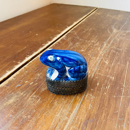 Blue & White Ceramic Frog on a Silver Base Box- Vintage