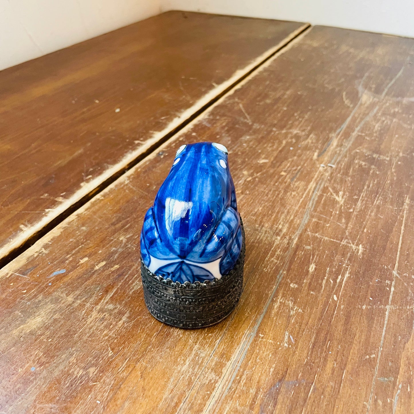 Blue & White Ceramic Frog on a Silver Base Box- Vintage