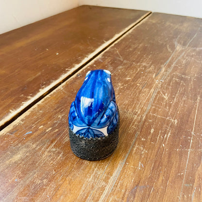 Blue & White Ceramic Frog on a Silver Base Box- Vintage