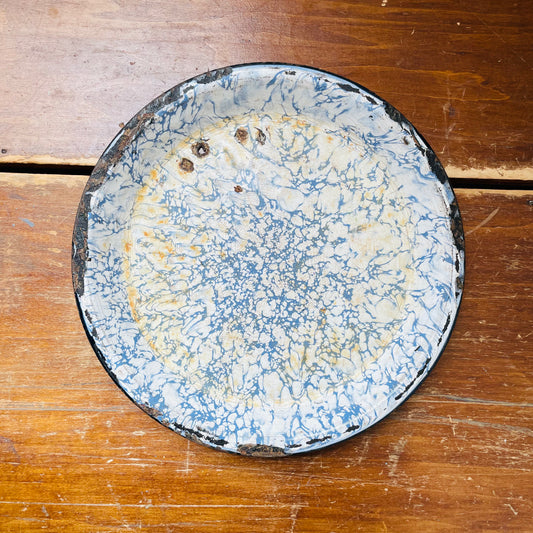 Rusted Blue & White Splatterware Enamel Pie Plate- Vintage
