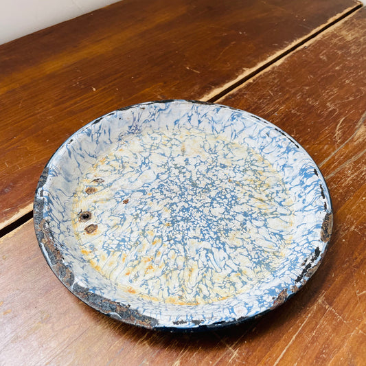 Rusted Blue & White Splatterware Enamel Pie Plate- Vintage