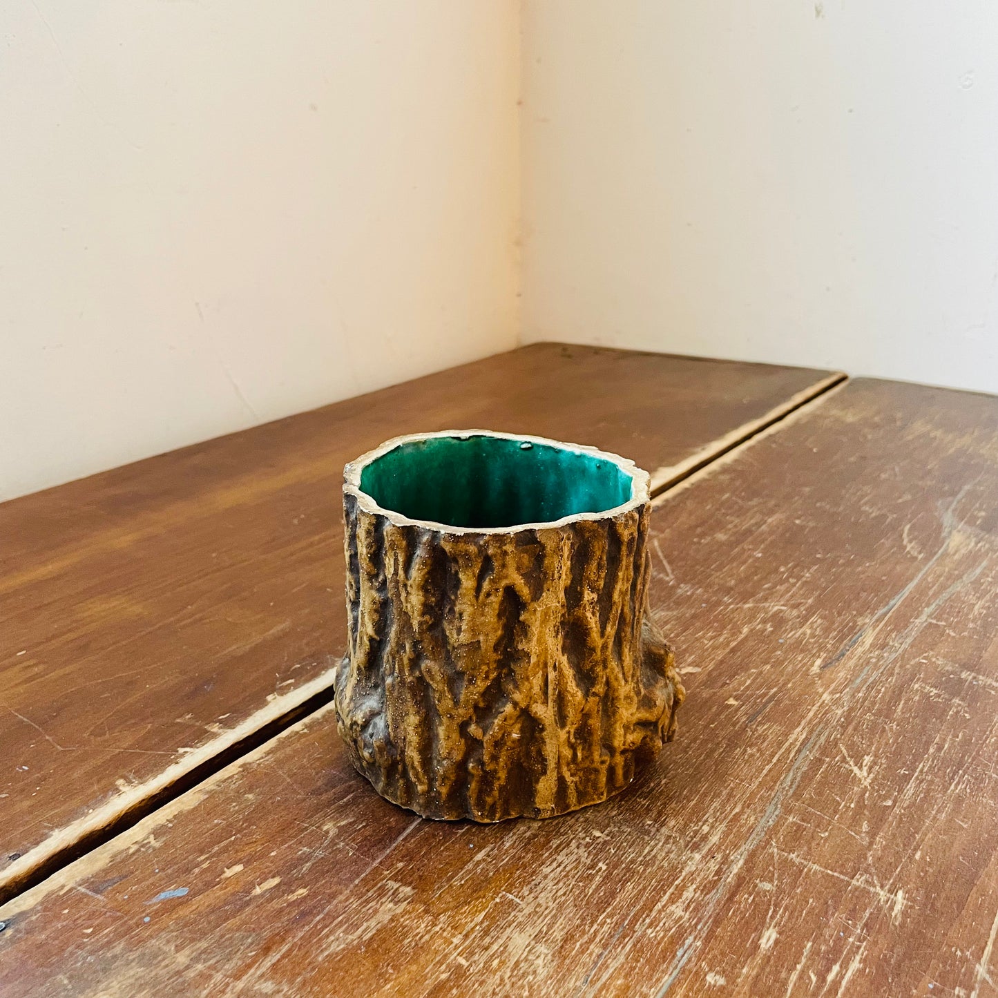 Brown Faux De Bois Ceramic Planter- Vintage