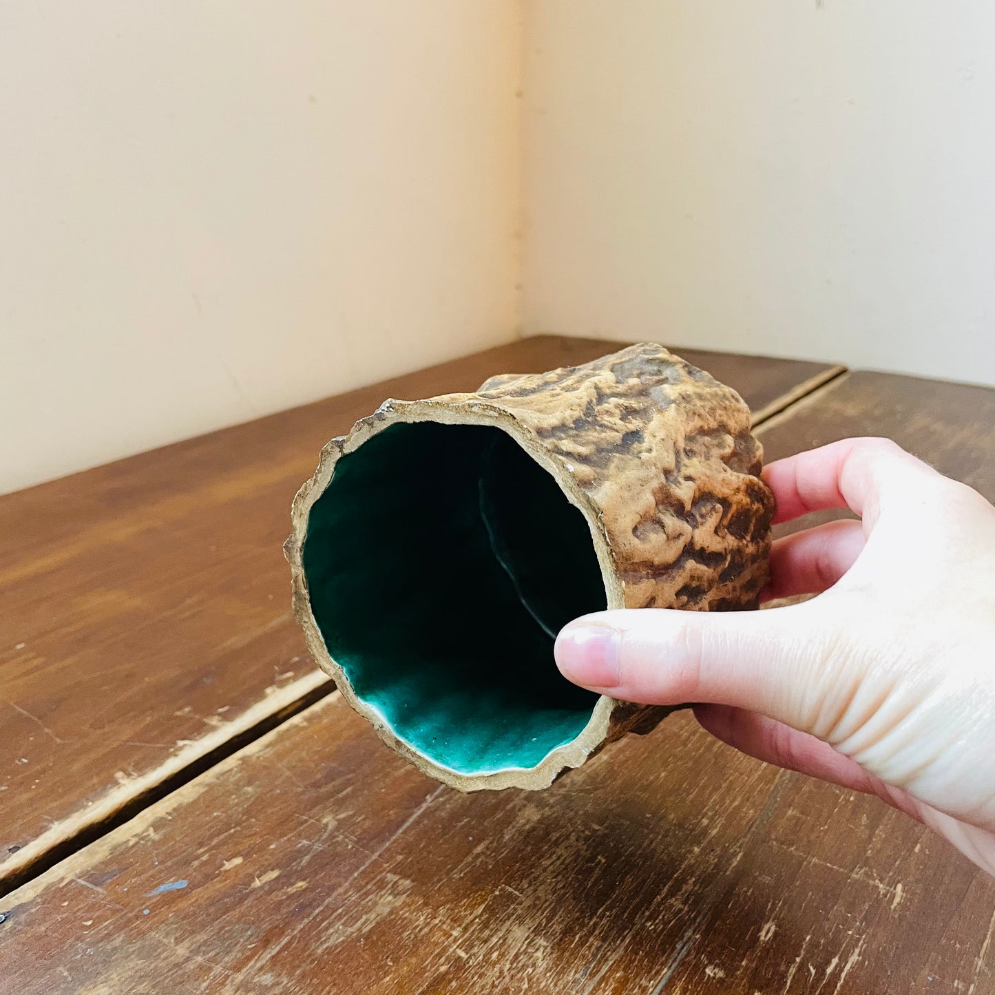 Brown Faux De Bois Ceramic Planter- Vintage