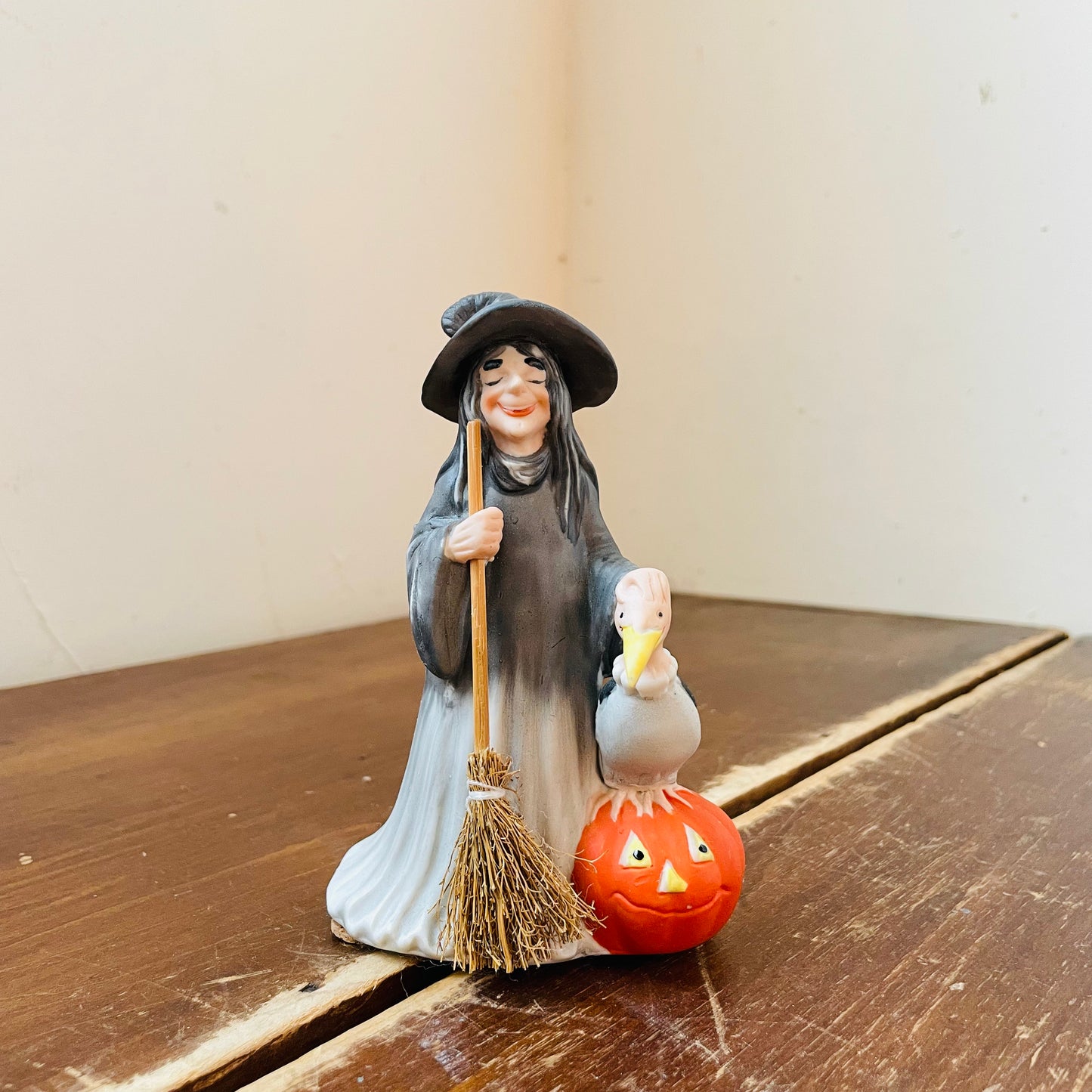 Porcelain Witch with a Buzzard, Broom & Jack-o-Lantern- Vintage