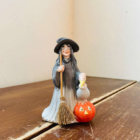 Porcelain Witch with a Buzzard, Broom & Jack-o-Lantern- Vintage