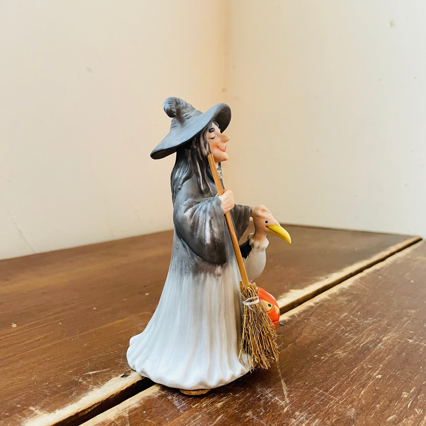 Porcelain Witch with a Buzzard, Broom & Jack-o-Lantern- Vintage