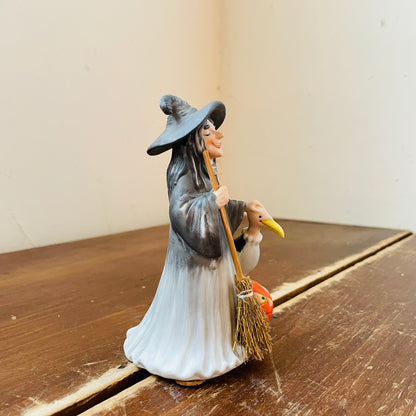 Porcelain Witch with a Buzzard, Broom & Jack-o-Lantern- Vintage