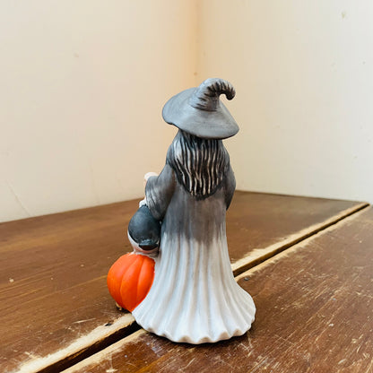 Porcelain Witch with a Buzzard, Broom & Jack-o-Lantern- Vintage