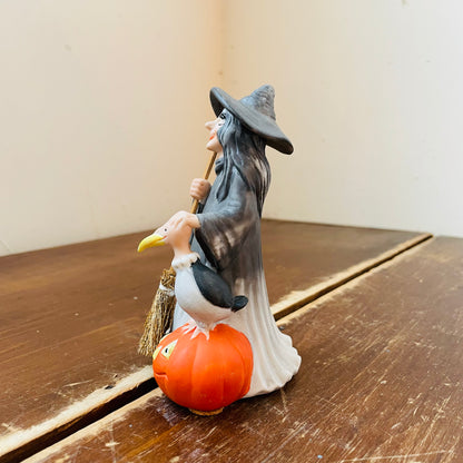 Porcelain Witch with a Buzzard, Broom & Jack-o-Lantern- Vintage