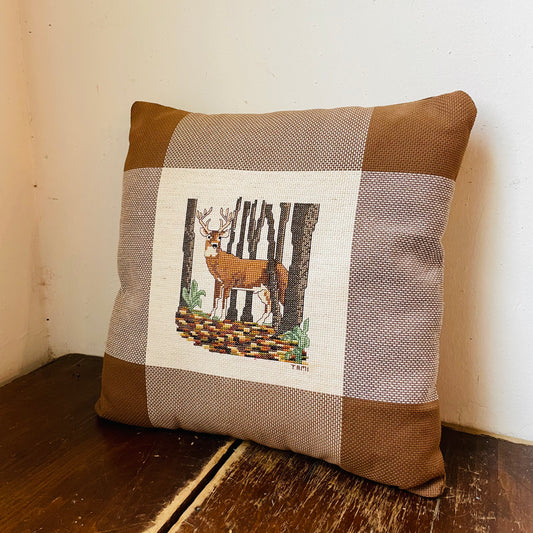 "Happy Father's Day" Whitetail Deer Cross-Stitch Pillow- Vintage