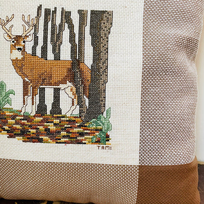 "Happy Father's Day" Whitetail Deer Cross-Stitch Pillow- Vintage
