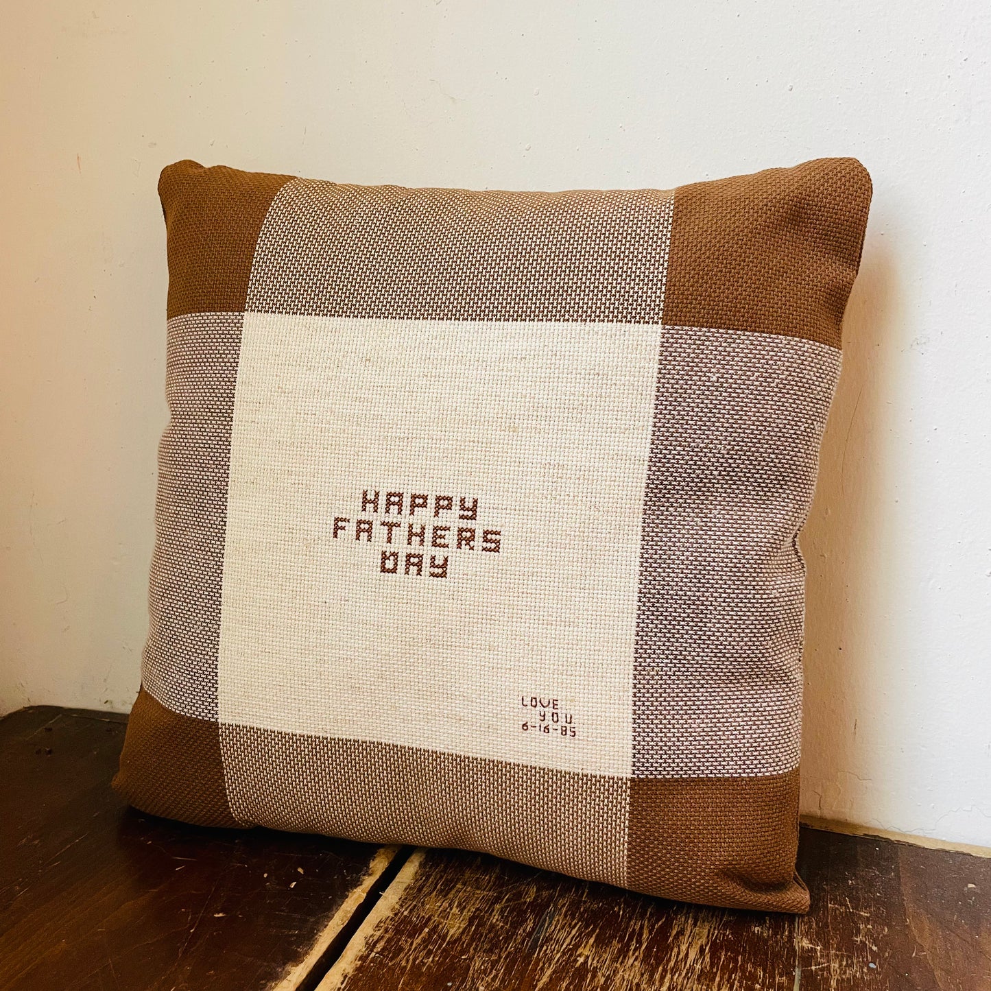 "Happy Father's Day" Whitetail Deer Cross-Stitch Pillow- Vintage
