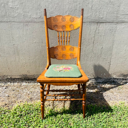 Carved Oak Spindle Chair with Floral Needlepoint Seat- Vintage