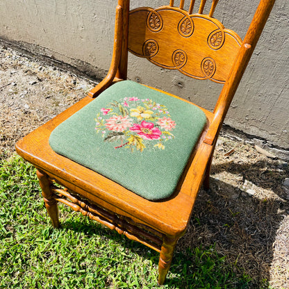 Carved Oak Spindle Chair with Floral Needlepoint Seat- Vintage