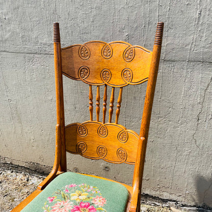 Carved Oak Spindle Chair with Floral Needlepoint Seat- Vintage