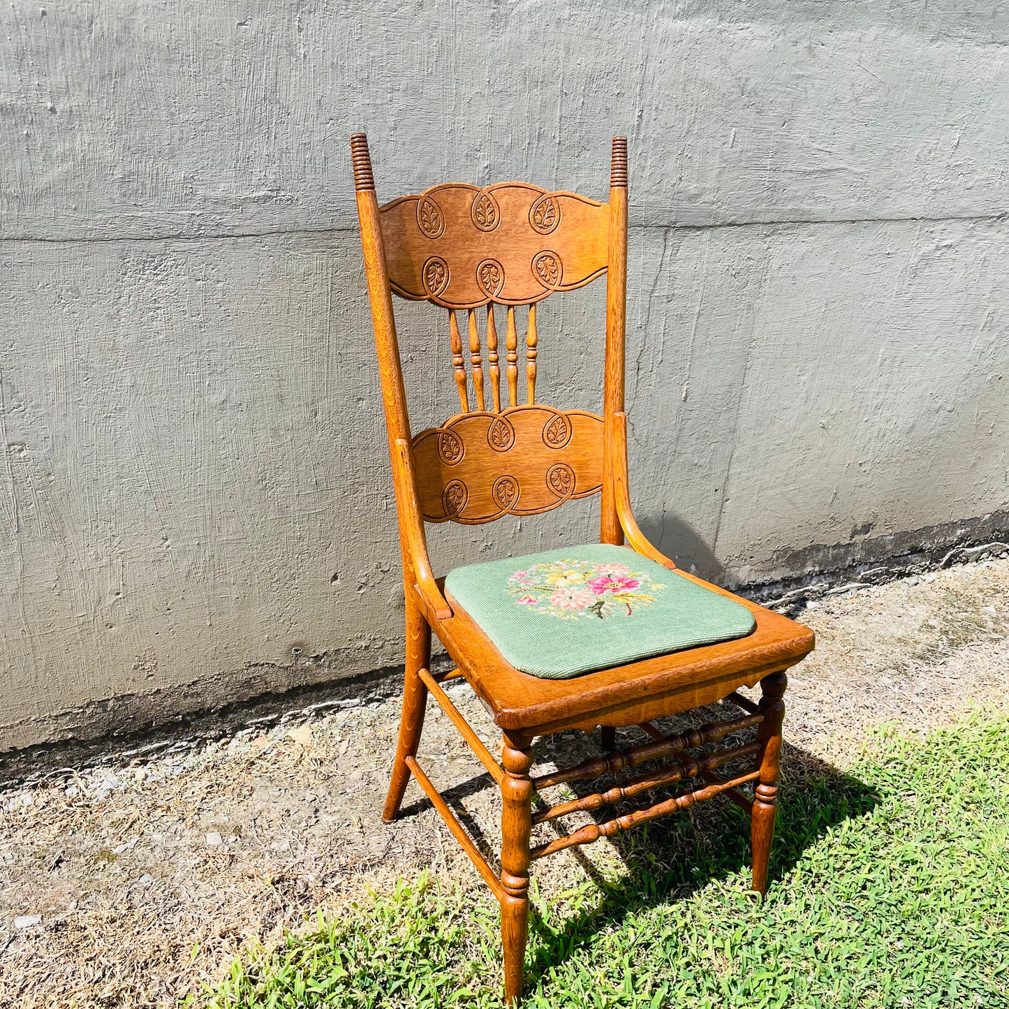 Carved Oak Spindle Chair with Floral Needlepoint Seat- Vintage