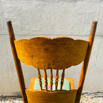 Carved Oak Spindle Chair with Floral Needlepoint Seat- Vintage