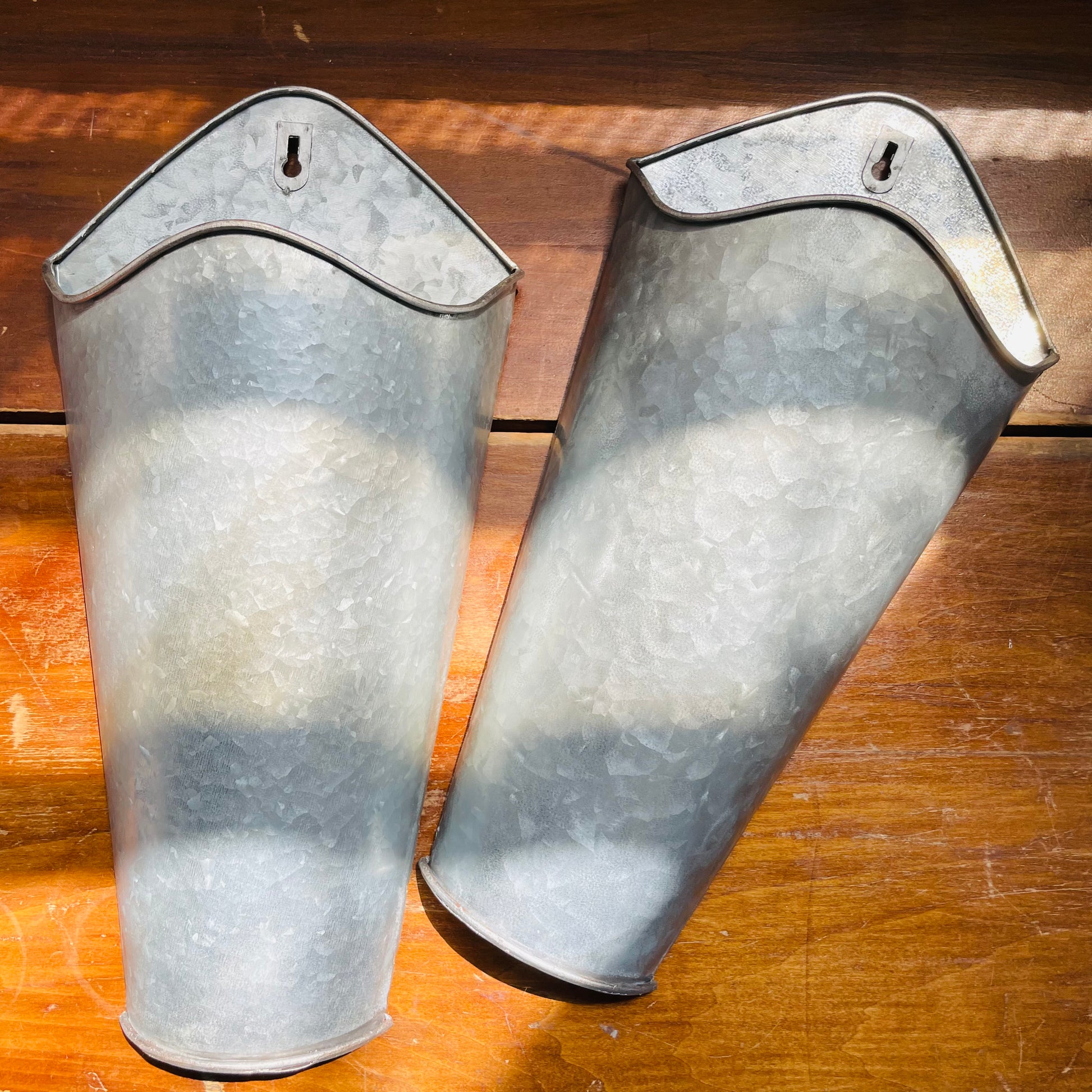 galvanized metal hanging planter Pair of Galvanized Metal Wall Planters- Vintage – Sugartown Mercantile