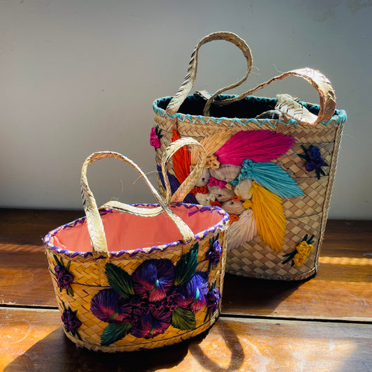 Colorful Floral Woven Basket Purse- Vintage