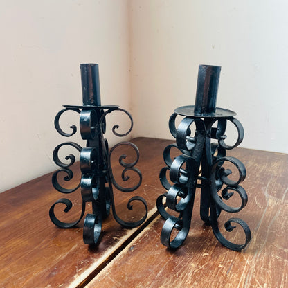 Mexican Made Black Wrought Iron Taper Candle Holder Set- Vintage