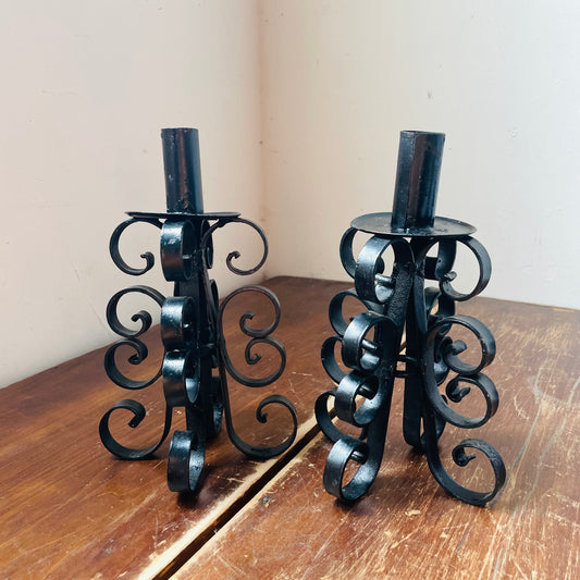 Mexican Made Black Wrought Iron Taper Candle Holder Set- Vintage