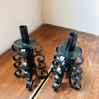 Mexican Made Black Wrought Iron Taper Candle Holder Set- Vintage