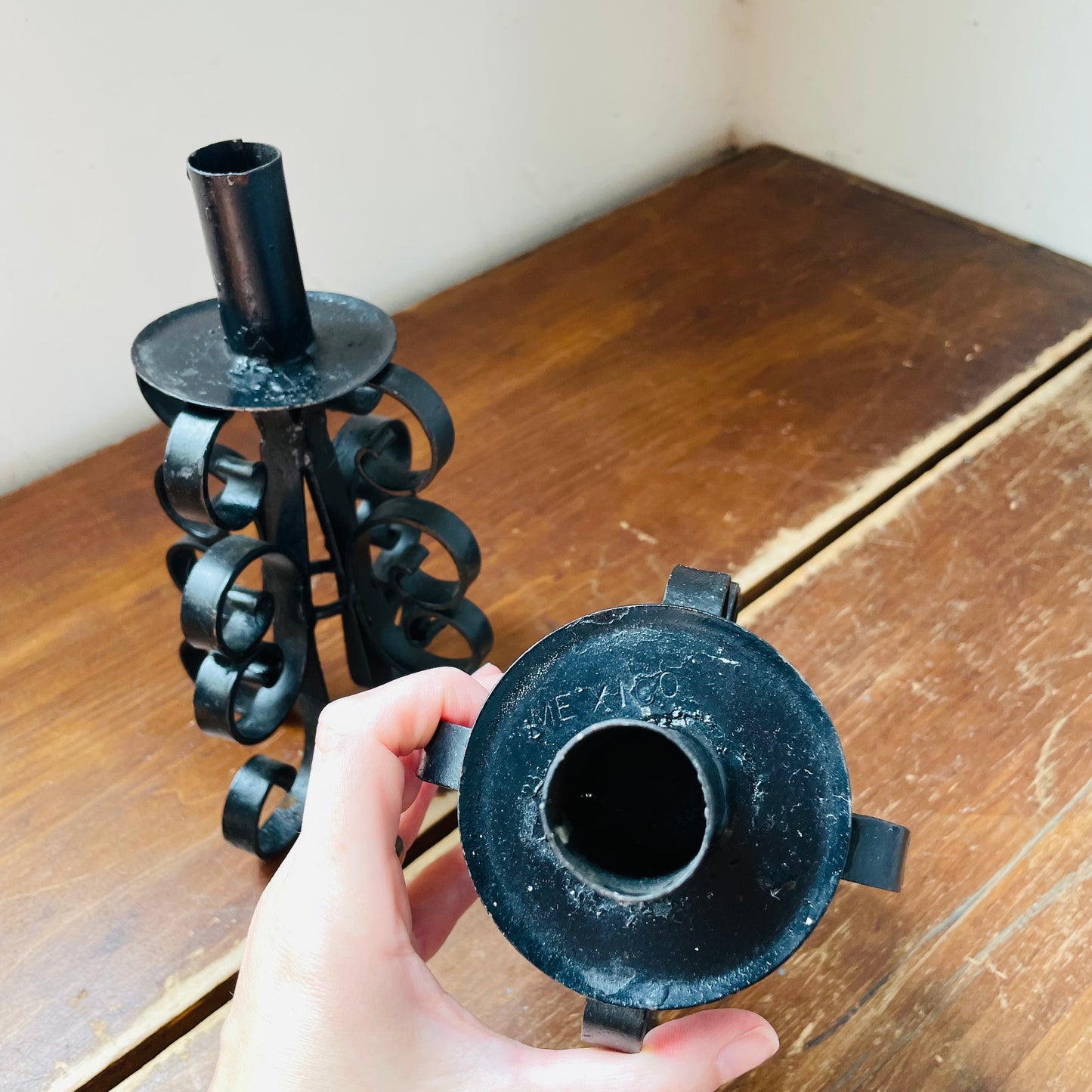 Mexican Made Black Wrought Iron Taper Candle Holder Set- Vintage