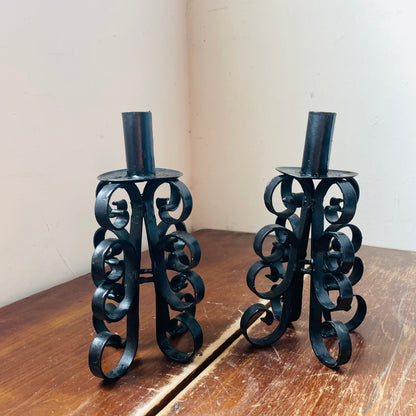 Mexican Made Black Wrought Iron Taper Candle Holder Set- Vintage