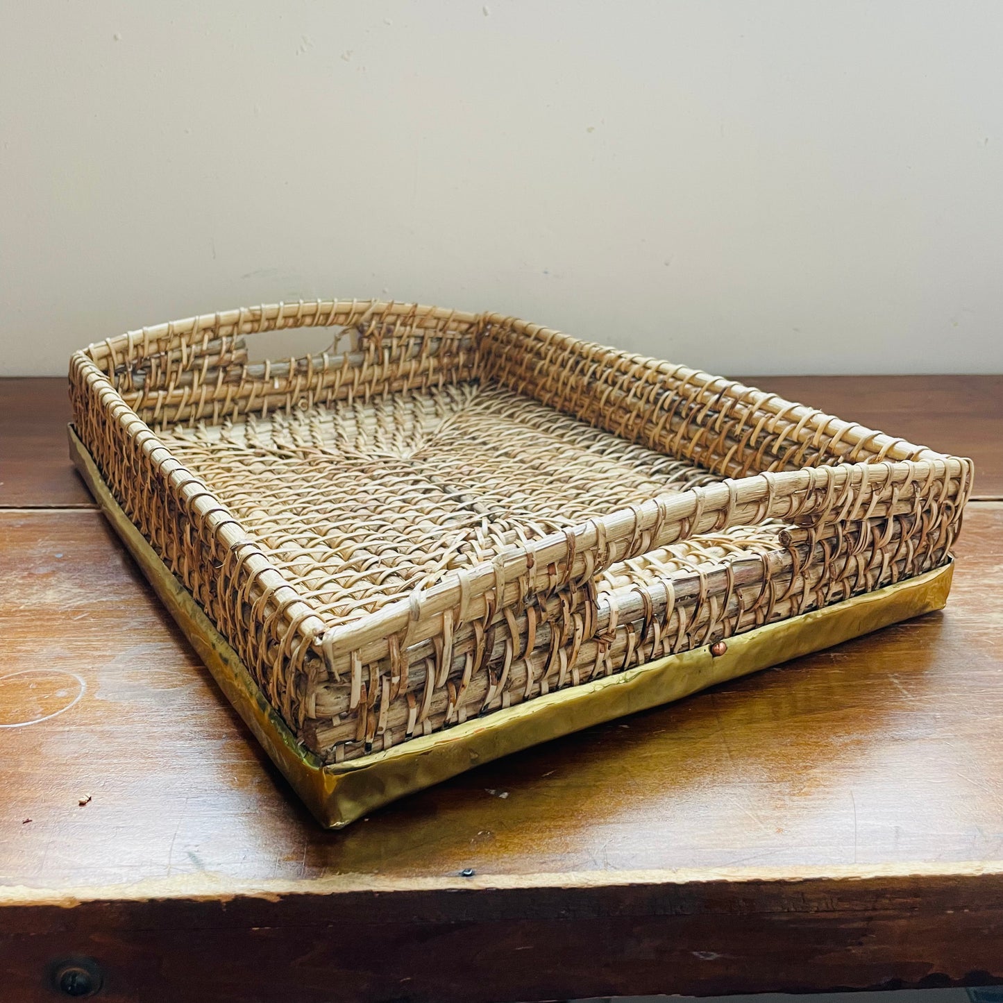 Woven Bamboo and Brass Rectangle Tray