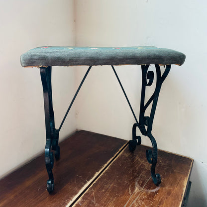 Spanish Styled Scroll Wrought Iron Bench with Needlepoint Cushion- Vintage