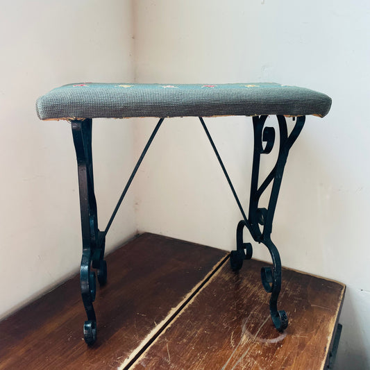Spanish Styled Scroll Wrought Iron Bench with Needlepoint Cushion- Vintage