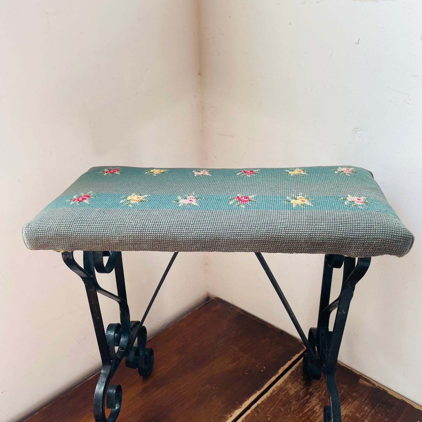 Spanish Styled Scroll Wrought Iron Bench with Needlepoint Cushion- Vintage
